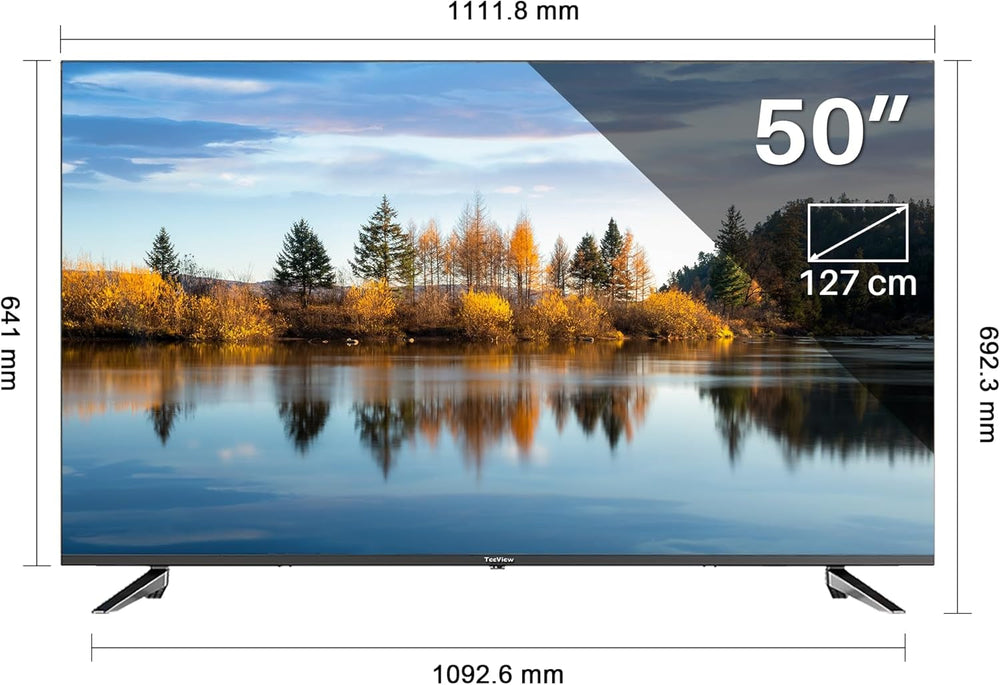 TEEVIEW Google Smart TV | 4K UHD | 50”/127cm | Design fără ramă | Tuner triplu DVB-T/T2/S/S2/C | • HDMI x3, USB x2, CI+ | Control vocal și aplicații de streaming | Asamblat în Eindhoven | TV50QUG-EU