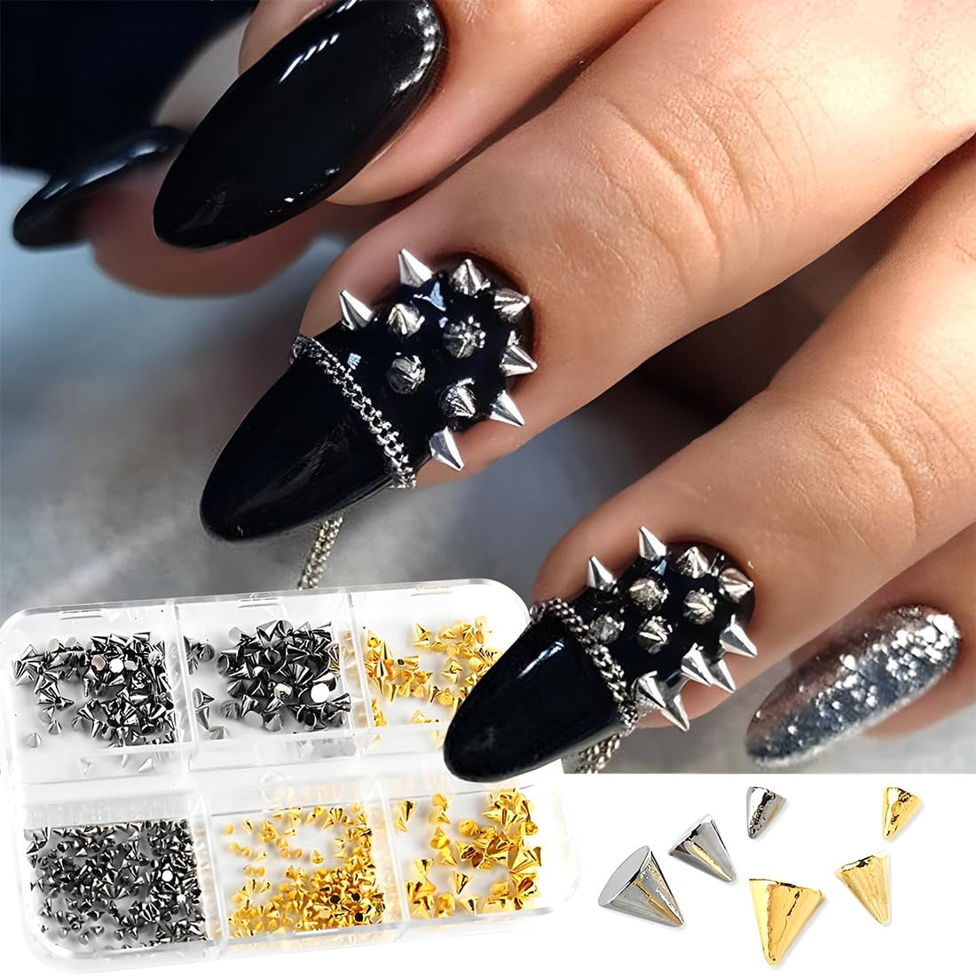 Mini Metall Nieten Punk Nail Charms Gold Silver Strasssteine ​​​​Nägel Charm Kegel Spikes Nagelschmuck Glitzersteine ​​​​Nail Art Studs Nagel Steine ​​​​Legierung Nagelanhänger Strass Nageldesign Zubehör