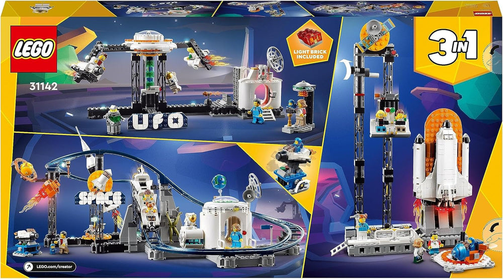 LEGO 31142 Creator Kit de jouets de montagnes russes spatiales 3 en 1 pour enfants avec chariots de travail, se transforme en tour à chute libre ou en carrousel avec des fusées et des briques lumineuses. Besuche an LEGO-Store