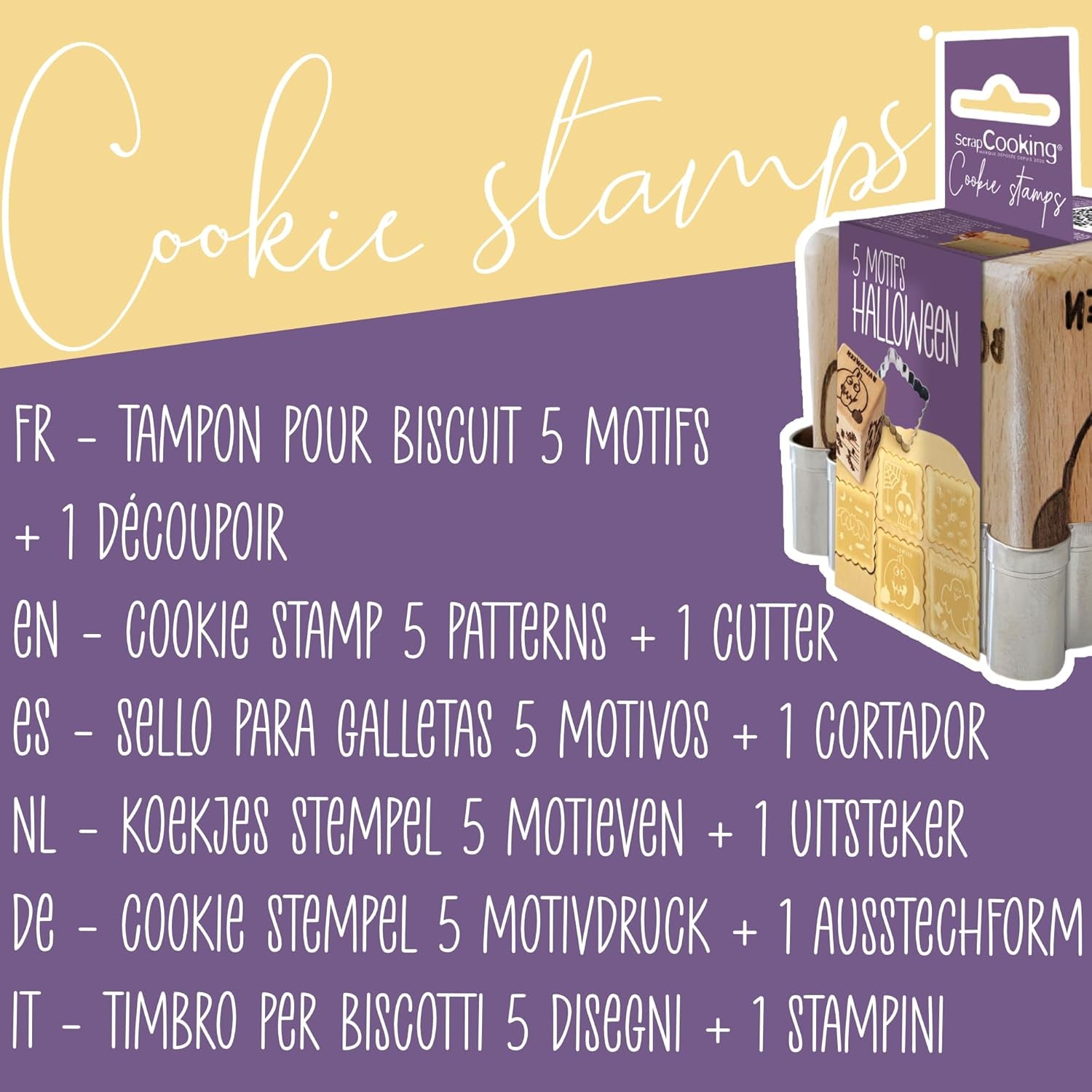 ScrapCooking - Tampon à pâtisserie en bois Halloween Designs - avec 1 forme de biscuit et cube en relief à 5 faces - 5298