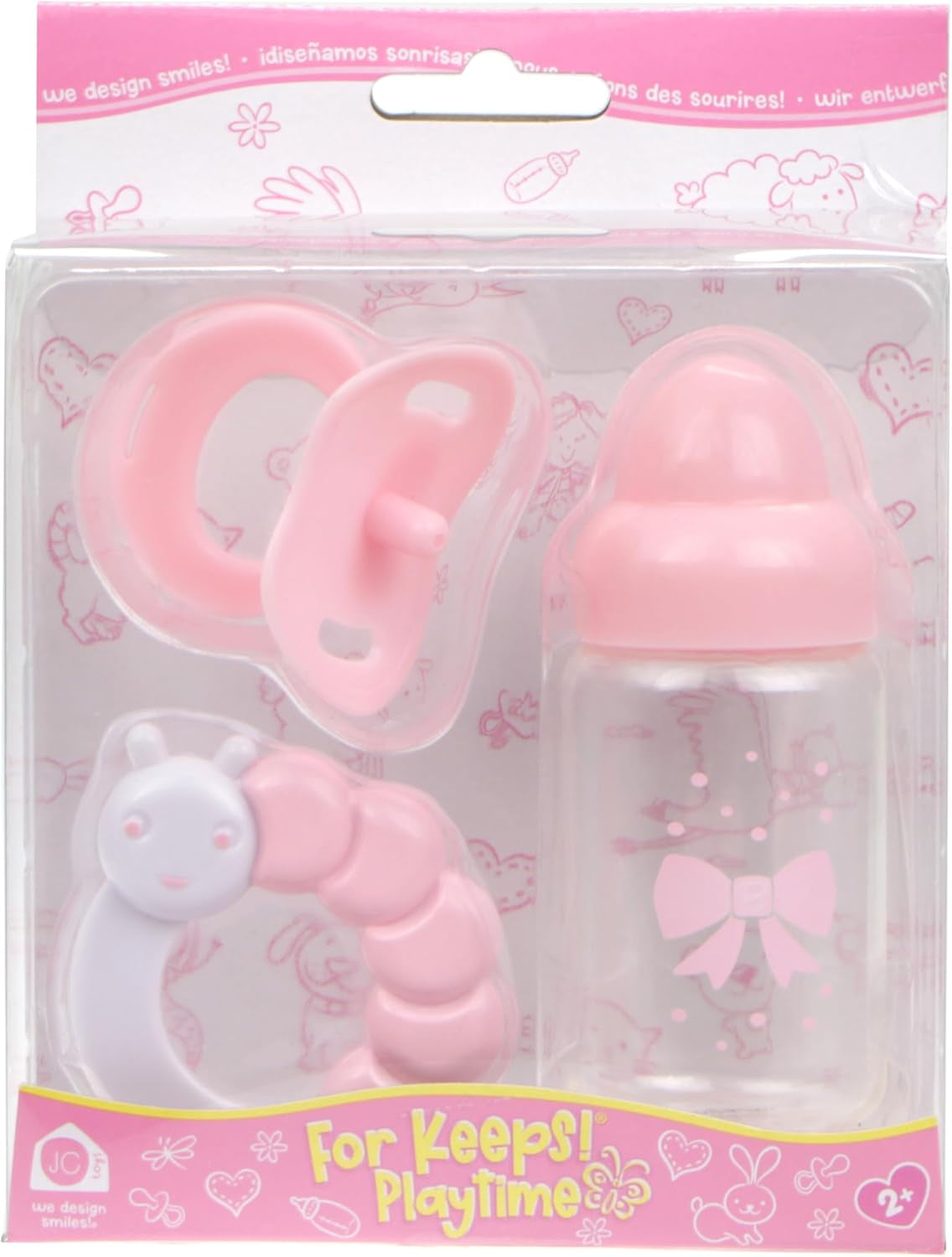 JC Toys- Lot de 3 accessoires pour poupées (biberon, tétine et hochet), rose et blanc, convient à toutes les poupées jusqu'à 50 cm, +2 ans