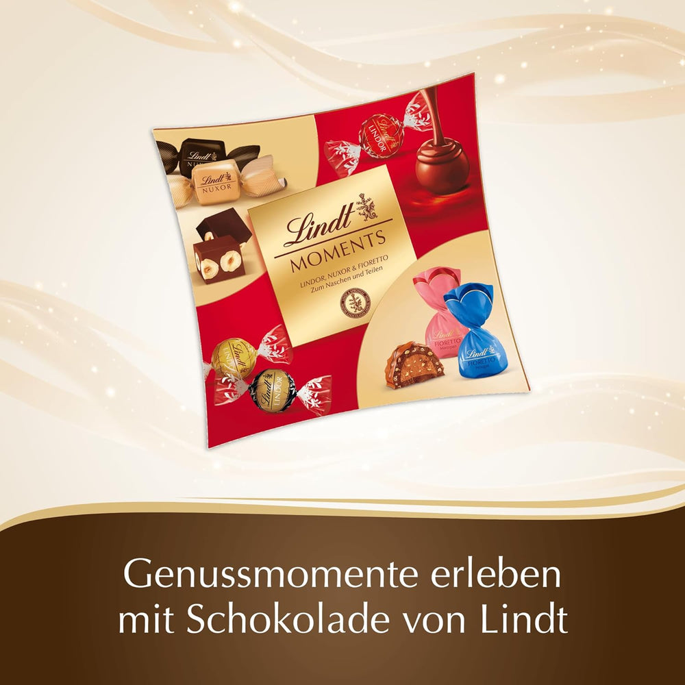 Chocolat Lindt | Boîte Moments Lindt | 223g | Mélange raffiné des meilleures truffes LINDOR, des cubes NUXOR aux noisettes et du FIORETTO croquant | Cadeau chocolat