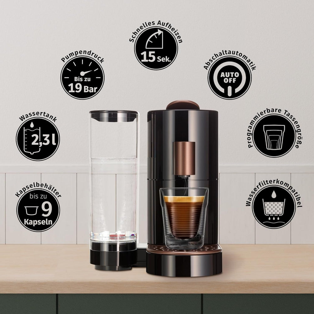 Machine à expresso à capsules K-FEE TWINS II pour café, thé et cacao | Machine à expresso pour grandes tasses | Chauffage rapide | Réservoir d'eau de 2,3 l | 19 barres | Cuivre noir