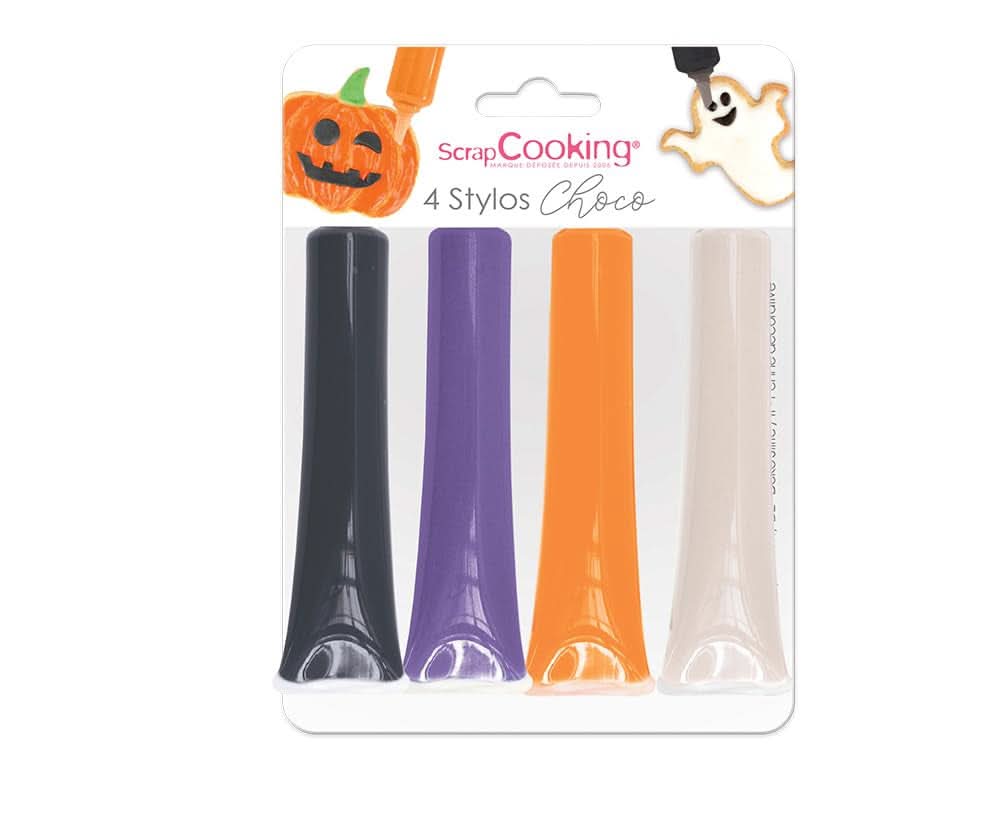 Scrapcooking - Lot de 4 Stylos Chocolat Halloween - Noir, Orange, Violet et Blanc, Écrivez et dessinez sur les Desserts, Gâteaux et Biscuits Naty Shop