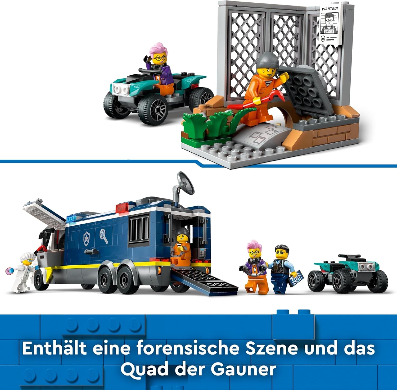 LEGO City Camion de police avec laboratoire, ensemble de police quad et camion jouet pour enfants, cadeau pour garçons et filles à partir de 7 ans, plus 5 figurines - 2 policiers, 1 scientifique et 2 escrocs 60418 Jeux de construction Beuche den LEGO-Store