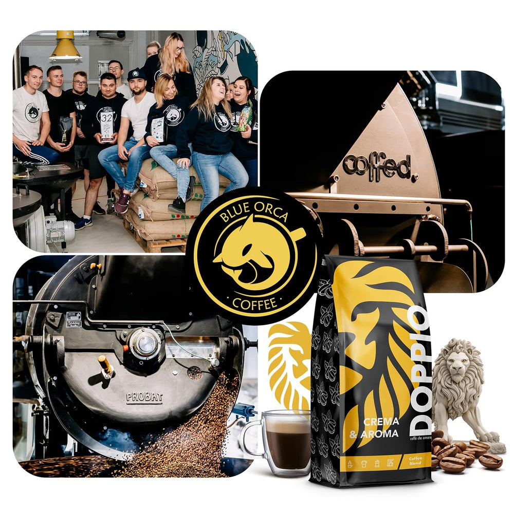 Doppio Crème & Saveur 1KG | Café en grains 80% Arabica et 20% Robusta | avec des notes de cacao, de noix et de caramel | Torréfaction fraîche et moyenne, faible acidité | pour expresso | Café Orque Bleu