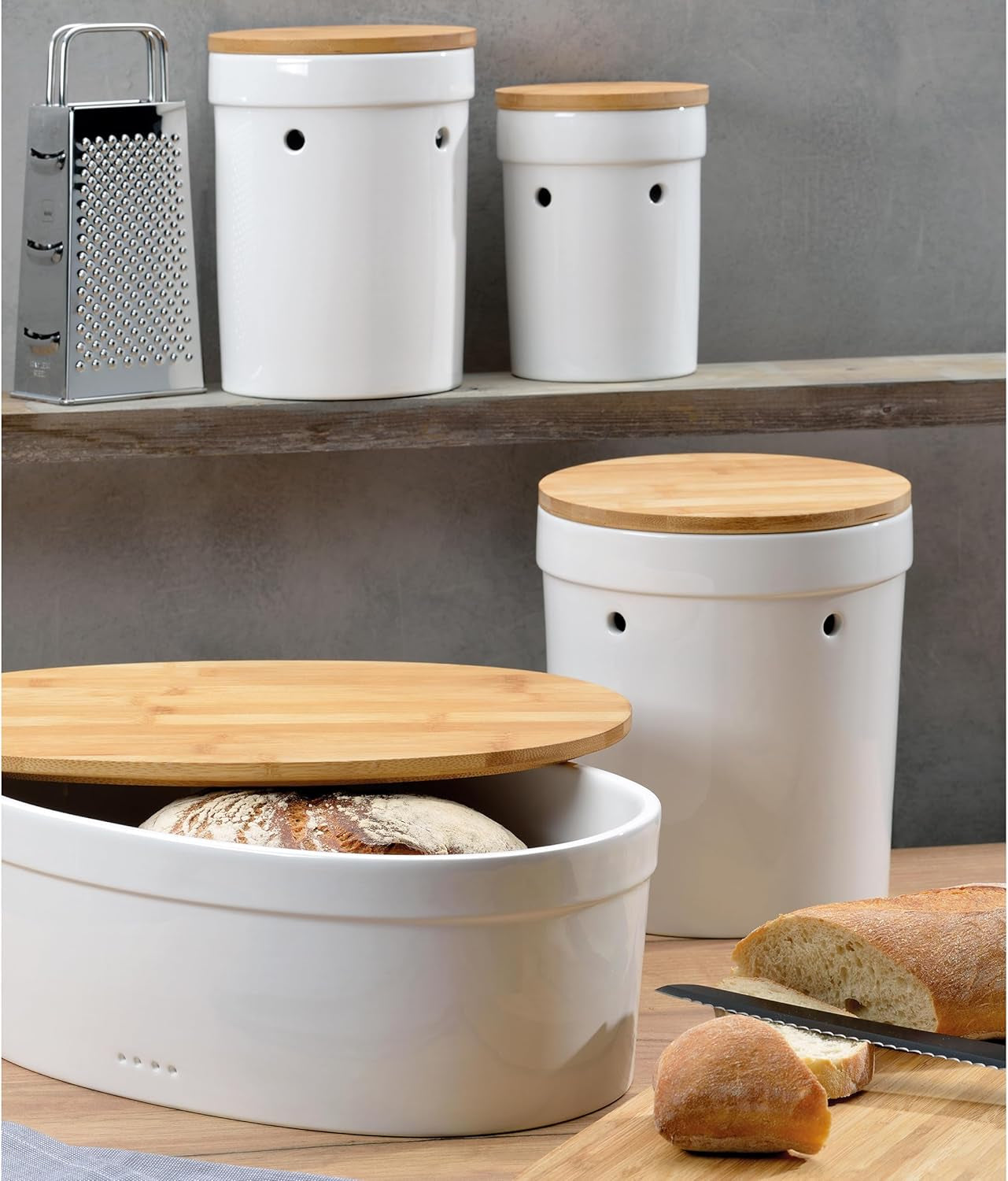 Boîte à pain Kela avec trous d'aération, boîte à pain en céramique, SALENA, bol à pain, blanc, 36,5 x 23,5 x 14 cm Boîtes de conservation alimentaire Naty Shop