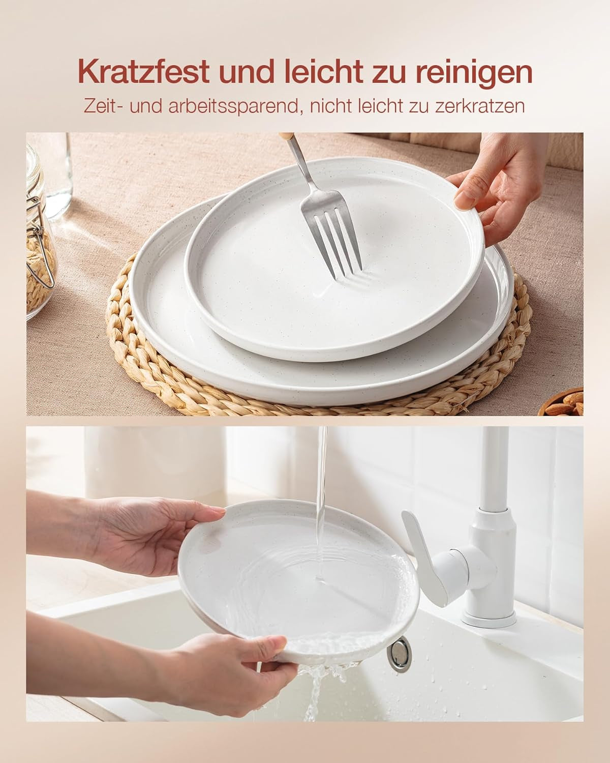 Milkyway Service de table 18 pièces, assiettes en grès pour 6 personnes, assiettes à dessert, bols à céréales, passe au micro-ondes et au lave-vaisselle, blanc