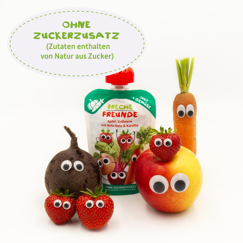 FRECHE FREUNDE Lot de 6 sachets de fruits à presser bio avec pommes, fraises, betteraves et carottes, purée de fruits et légumes dans un sachet à presser pour bébé à partir de 6 mois, végétalien, lot de 6 (6 x 100 g)