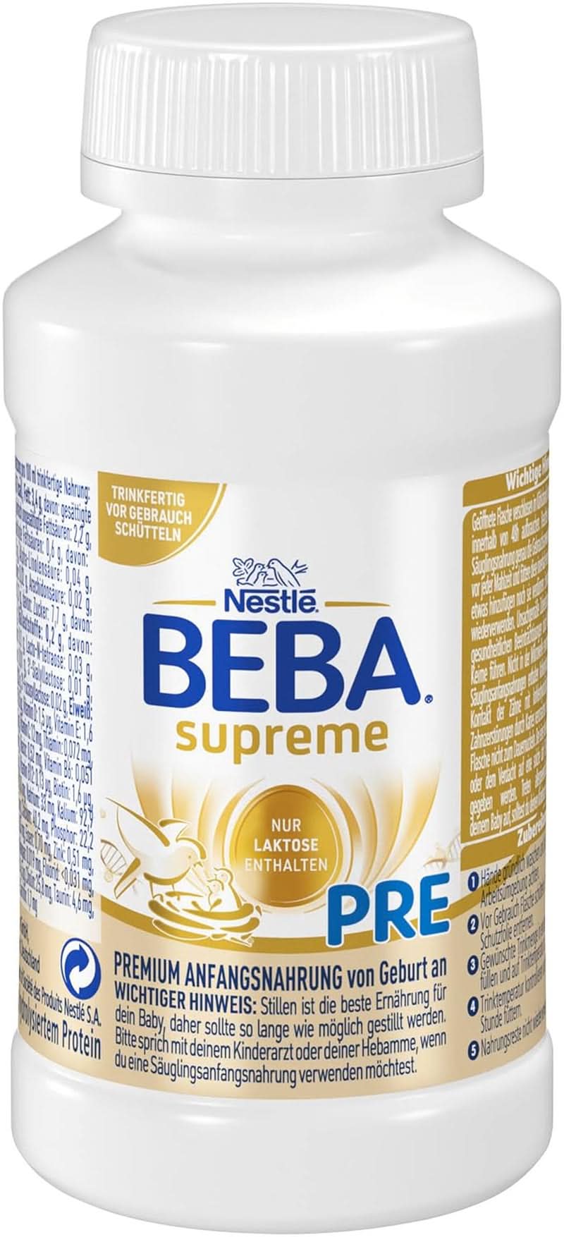 BEBA SUPREME PRE Lait initial prêt à boire dès la naissance, aliment pour bébé avec DHA, lactose uniquement, sans huile de palme, pack de 8 (8 x 200 ml) Mère et Enfant Naty Shop