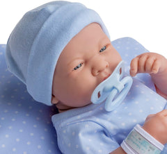 jc toys 102-18540 – Kinderpuppe, Körper aus Gummi, Blaue Kleidung mit Punkten, 36 cm
