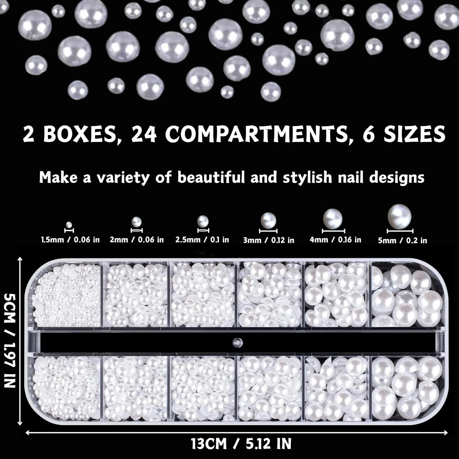 12 Größen Nail Art Perlen, Flache Perlen, Nail Art Accessoires, Halbkreis Nagelperlen, Weiße Nail Charms Und Glitzersteine ​​​​Nägel Für Nail Art Design, DIY Basteln, Alltag, Hochzeit (2 boîtes)