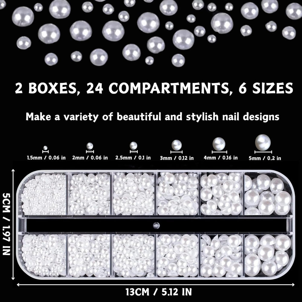 12 Größen Nail Art Perlen, Flache Perlen, Nail Art Accessoires, Halbkreis Nagelperlen, Weiße Nail Charms Und Glitzersteine ​​​​Nägel Für Nail Art Design, DIY Basteln, Alltag, Hochzeit (2 boîtes)