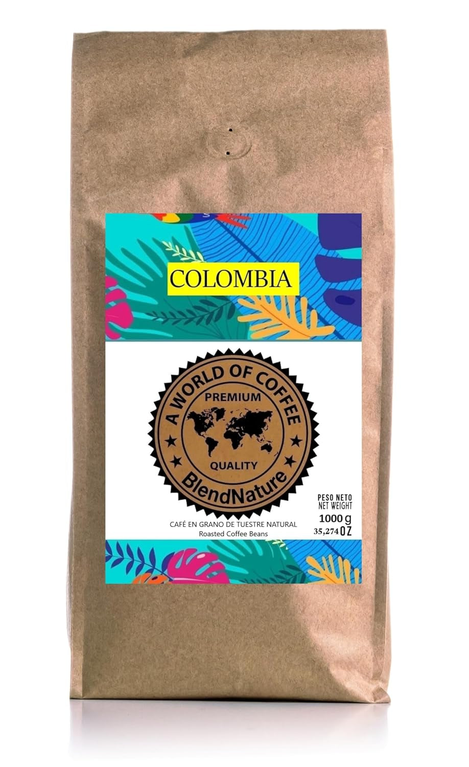 1 kg de grains de café naturels 100% Arabica - origine exclusive de Colombie - récompensé par 82 points par la Specialty Coffee Association (SCA) - pour son arôme, son goût et son excellence