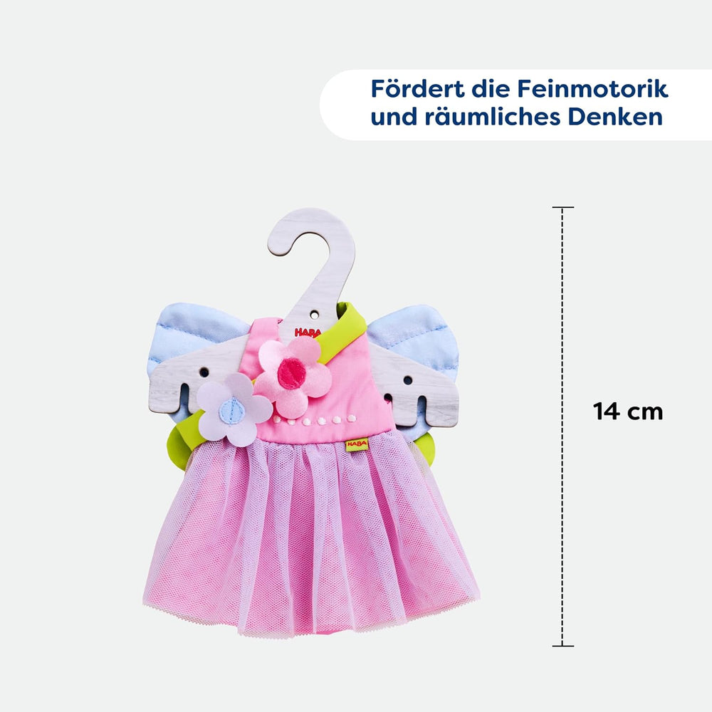 HABA Vêtements de poupée fée magique - Ensemble 2 pièces pour poupées de 18 mois et plus (30 cm) - Robe en tulle avec ailes, bandeau fleuri inclus - 1306243001