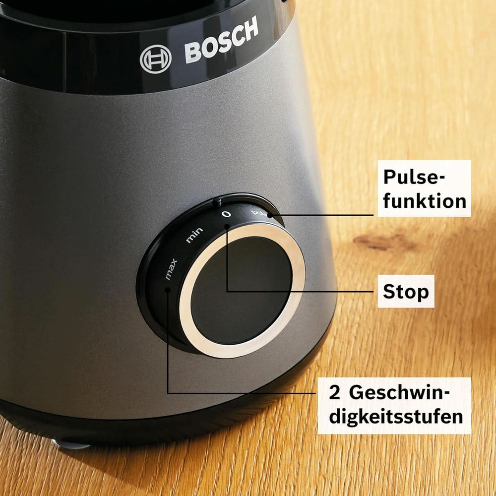 Bosch Batteur sur socle Vitapower Serie 4 MMB6174SN, Version Verbesserte, Hochwertige Edelstahl-Klingen, 1,5L Glasbehälter, 0,6L To-Go-Flasche, Spülmaschinenfeste Teile, 30 000 U/Min, 1200 W, Silver Kitchen Naty Shop