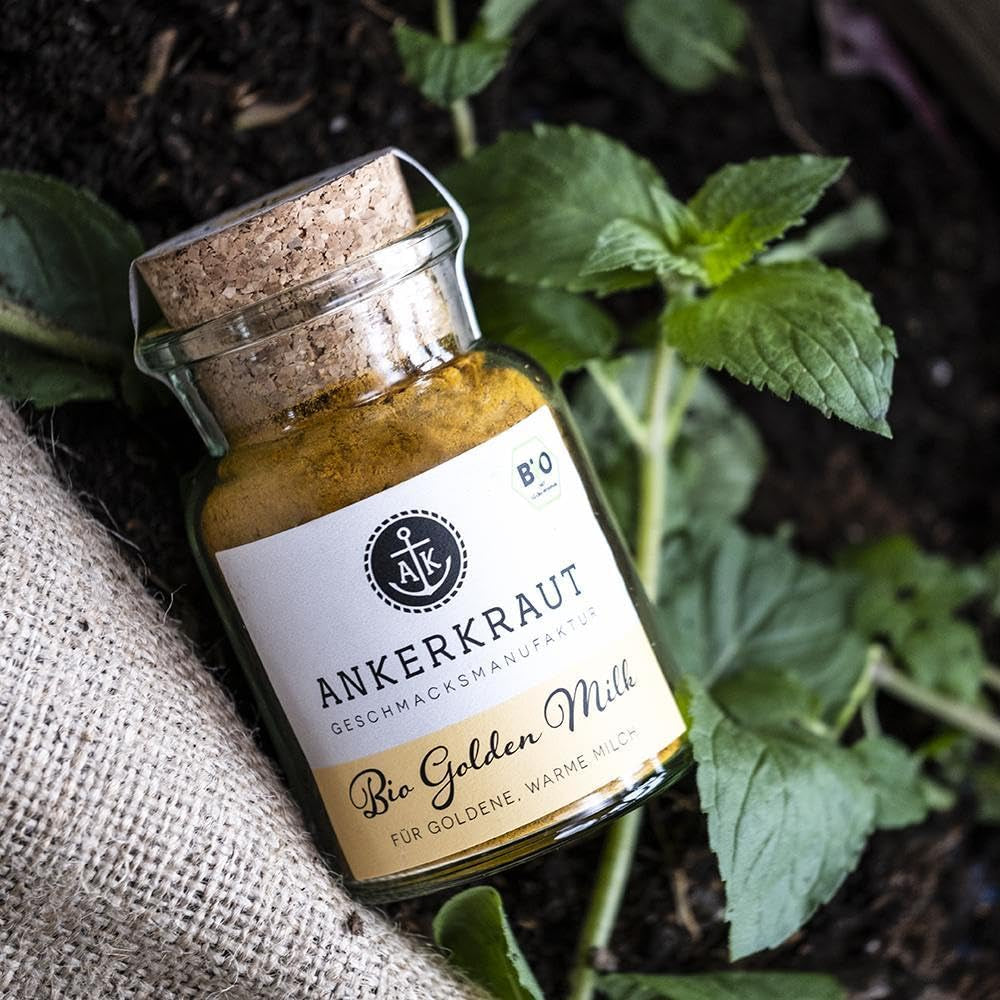 Ankerkraut Bio Golden Milk, Gewürz für goldene Milch, avec Curcuma, Zimt et Ingwer, 75 g dans un verre en liège