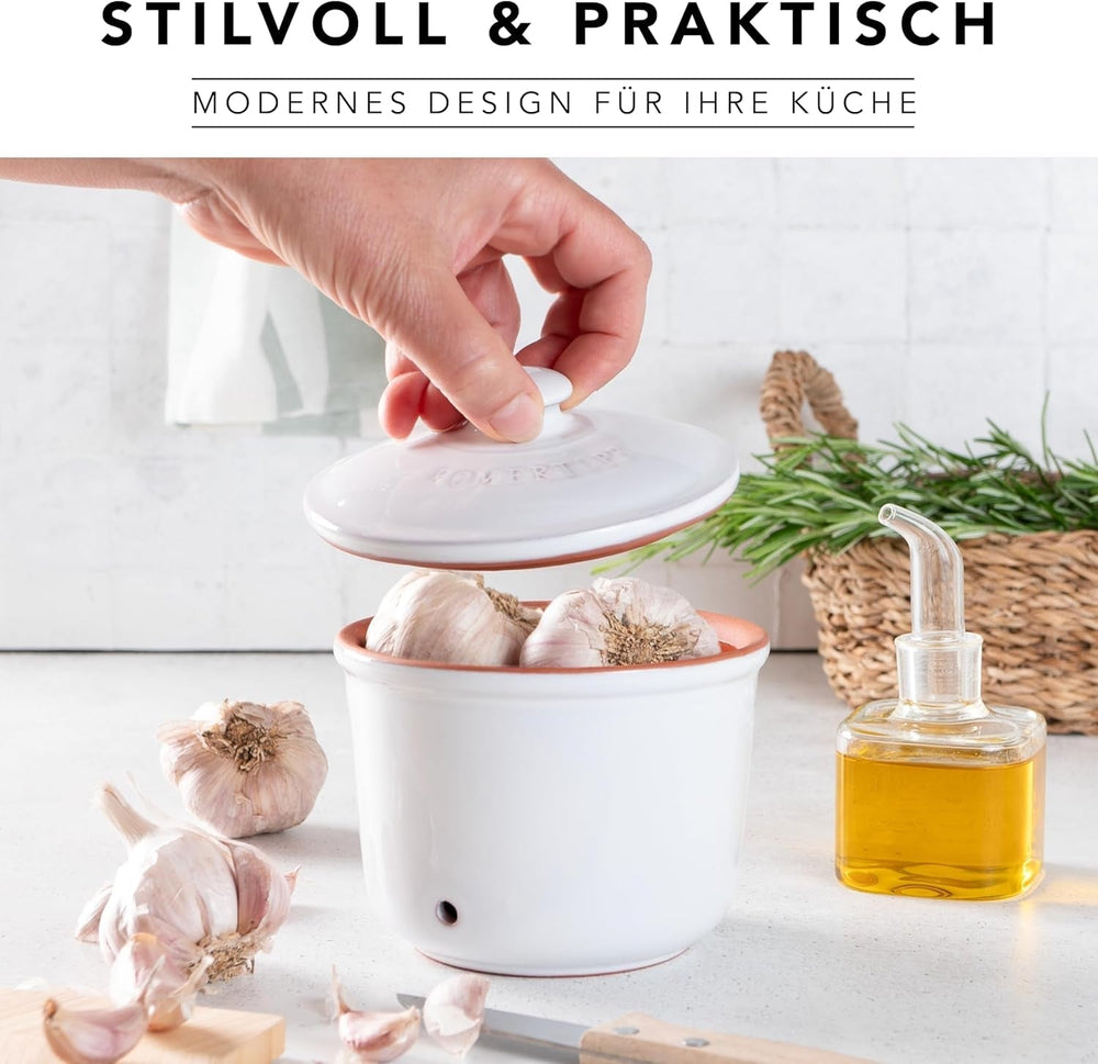 Römertopf Fresh Pot MINI 0,6 litres - Pot à ail en céramique - L'argile respirante garde les légumes frais plus longtemps - Circulation d'air idéale - Boîtes de conservation blanches Naty Shop