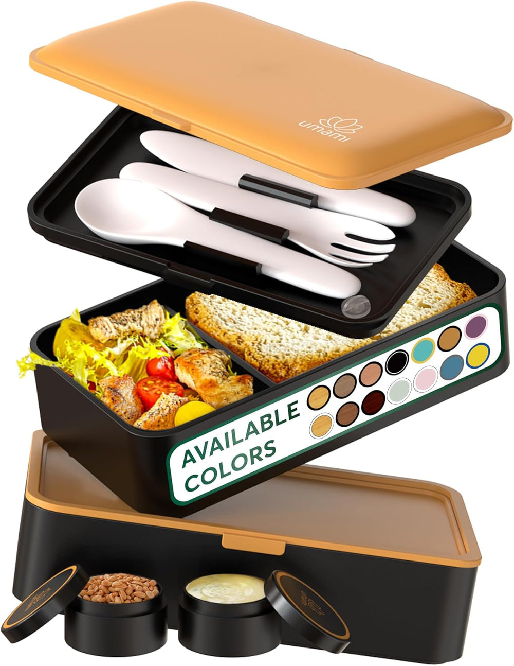 Umami Boîte à déjeuner pour adultes, boîte à bento empilable étanche avec 4 couverts et compartiments, boîte à déjeuner adulte, récipient à salade à emporter, boîte à déjeuner pique-nique/bureau, gris anthracite, 1500 ml