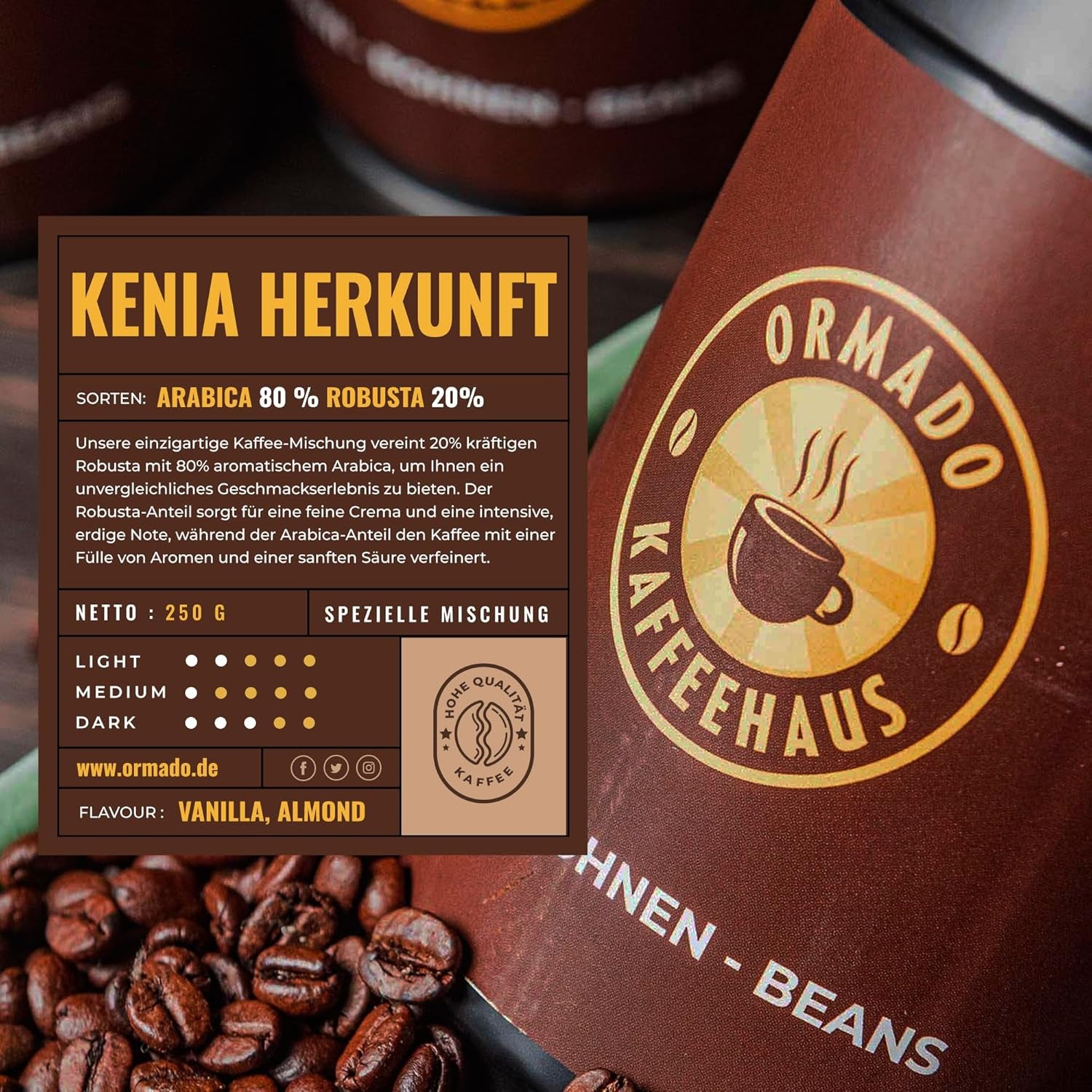 Ormado Coffee House Barista Edition, grains de café brevetés du Kenya – mélange Arabica et Robusta, grains de café entiers pour machines à café entièrement automatiques, grains torréfiés, café complet 250 g, entièrement automatique