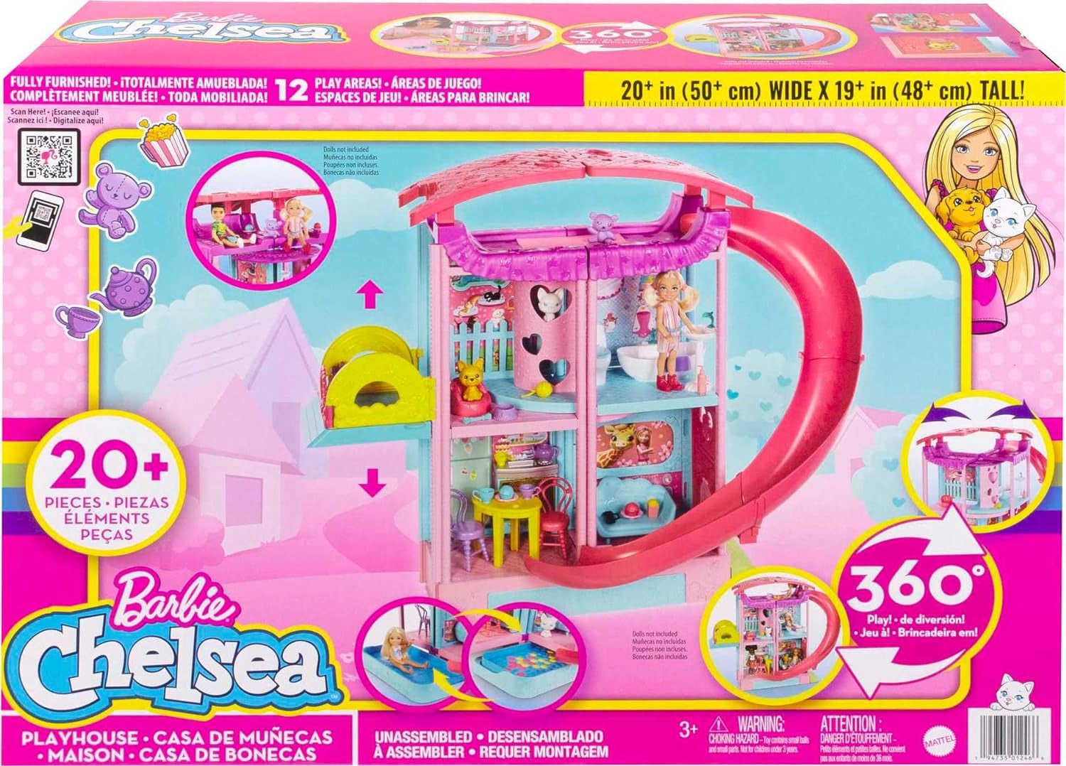 Barbie Chelsea Playhouse - 3 étages transformables, aires de jeux secrètes, ascenseur, piscine, toboggan, 2 animaux et plus de 20 accessoires, à partir de 3 ans, HHX44
