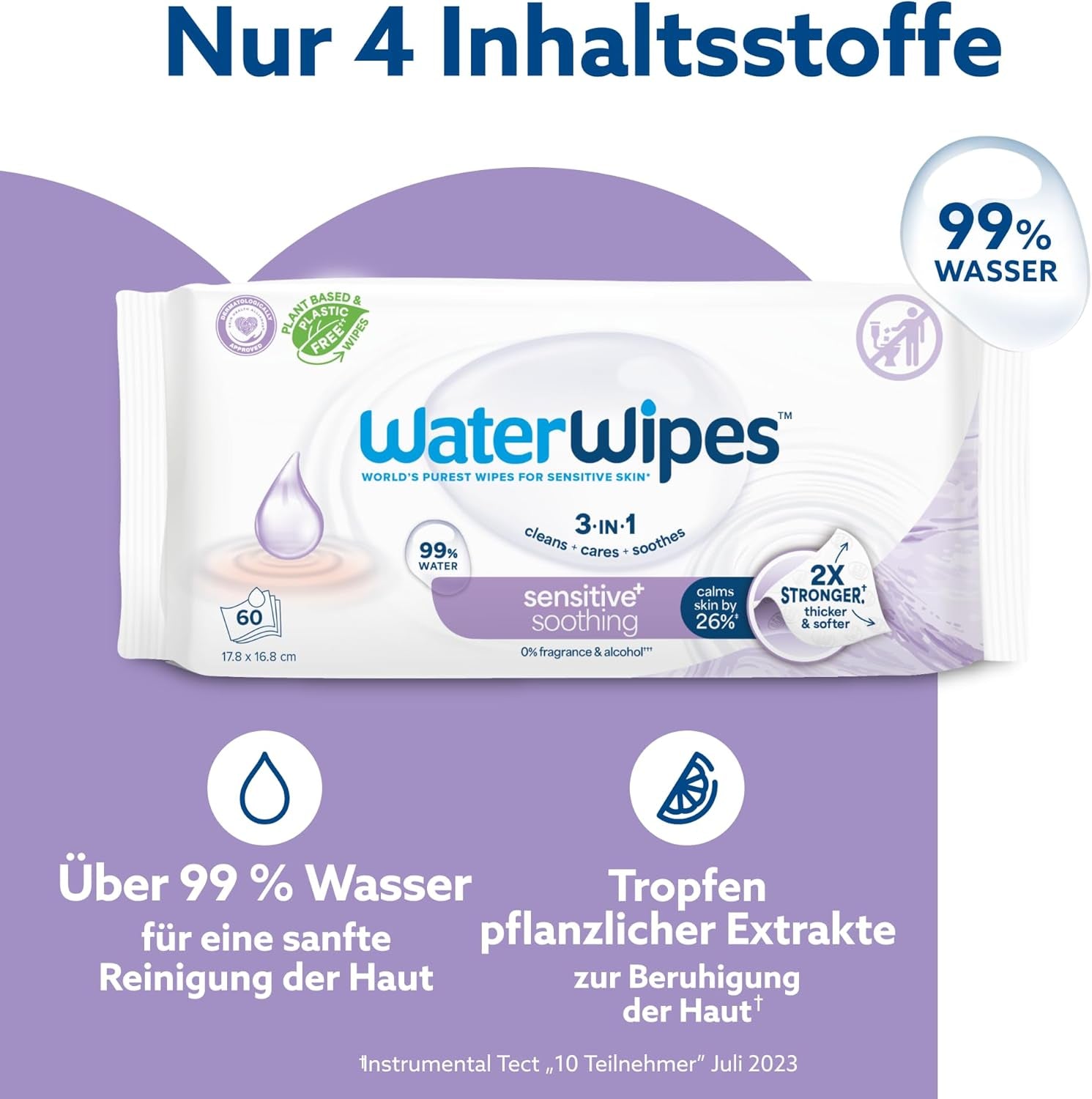 WaterWipes Sensitive+ Lingettes humides apaisantes, 720 unités (paquet de 12), 3 en 1 nettoyantes, soignantes et apaisantes, 99 % d'eau avec extrait de plante, lingettes humides pour bébé sans parfum