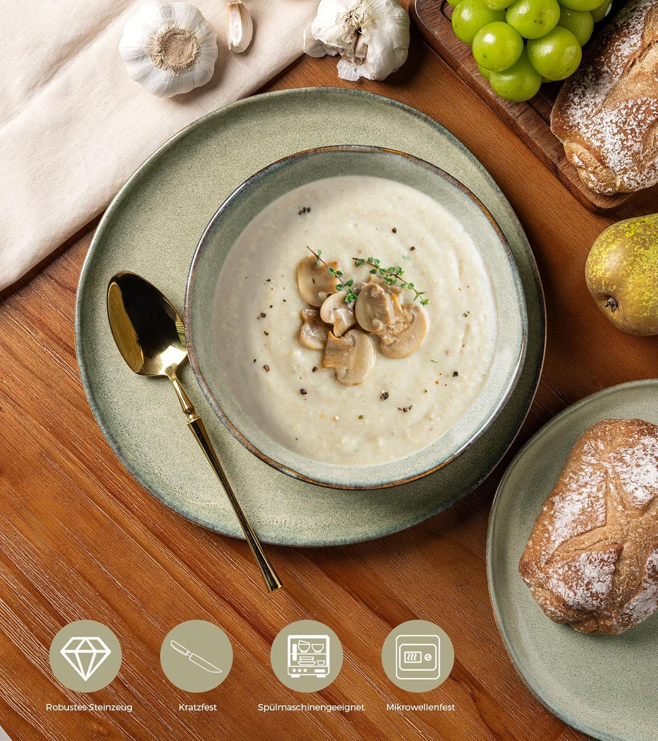 GBhome Service de table en céramique pour 6 personnes, 24 pièces, vernis réactif, fait à la main, passe au micro-ondes et au lave-vaisselle, ensemble de bols et d'assiettes Desret Sage GDW007GY-24P-EU