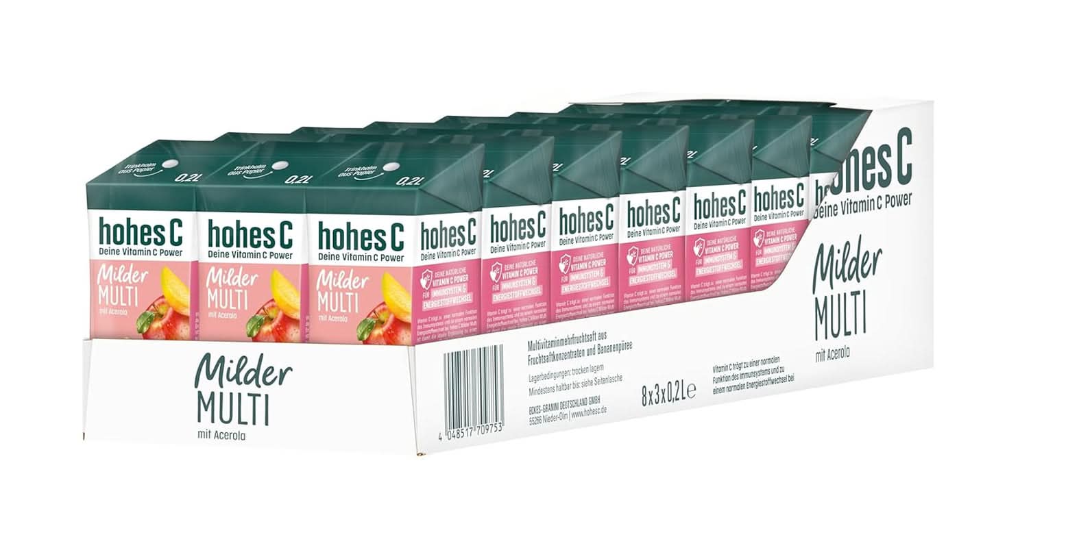 High C Mild Multivitamin (1 X 1,5L), 100% jus, pomme, orange, acérola, mangue, 7 vitamines, Sans sucre ajouté selon la loi, Moins d'acide, Boissons végétaliennes sans alcool Naty Shop