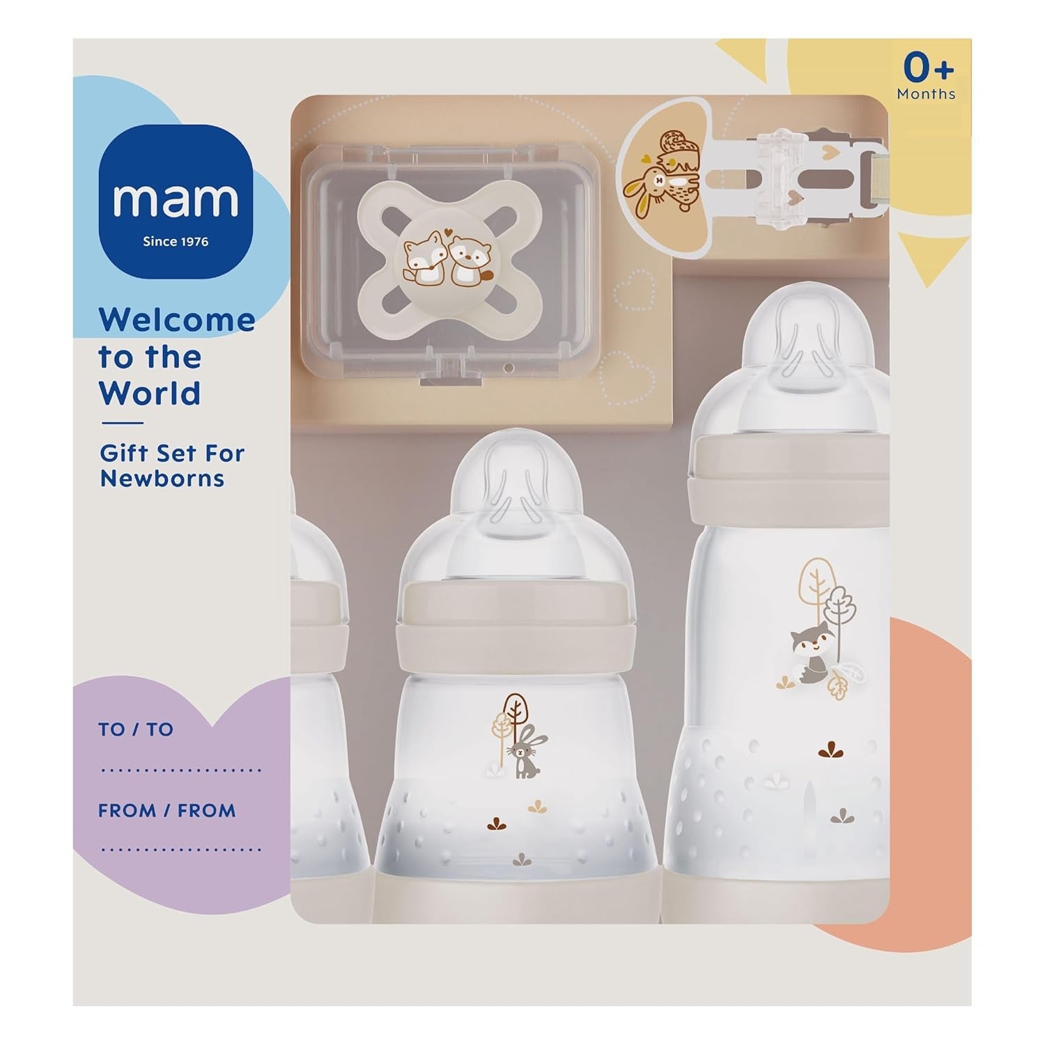 Coffret nouveau-né MAM, coffret cadeau, composé de : 2 x biberons anti-coliques 160 ml, 1 x biberon anti-coliques 260 ml, 1 x tétine Original Start, 1 x broche pour tétine, à partir de 0 mois, Neutro
