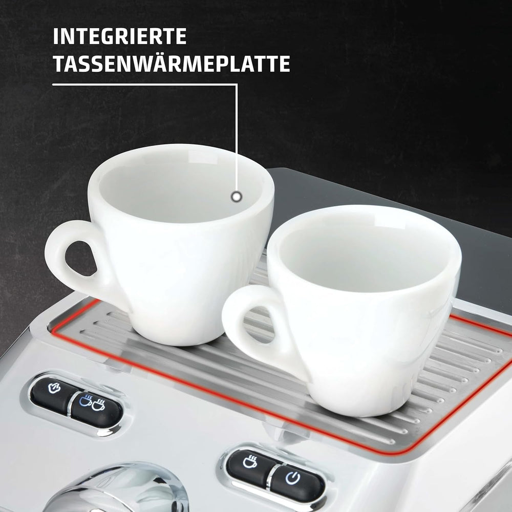 Caso Espresso Gourmet - Machine à expresso porte-filtre en acier inoxydable, puissante pompe Ulka 19 bars, avec mousseur à lait, pour café moulu ou capsules de café ESE, pour 2 tasses, avec chauffe-tasses