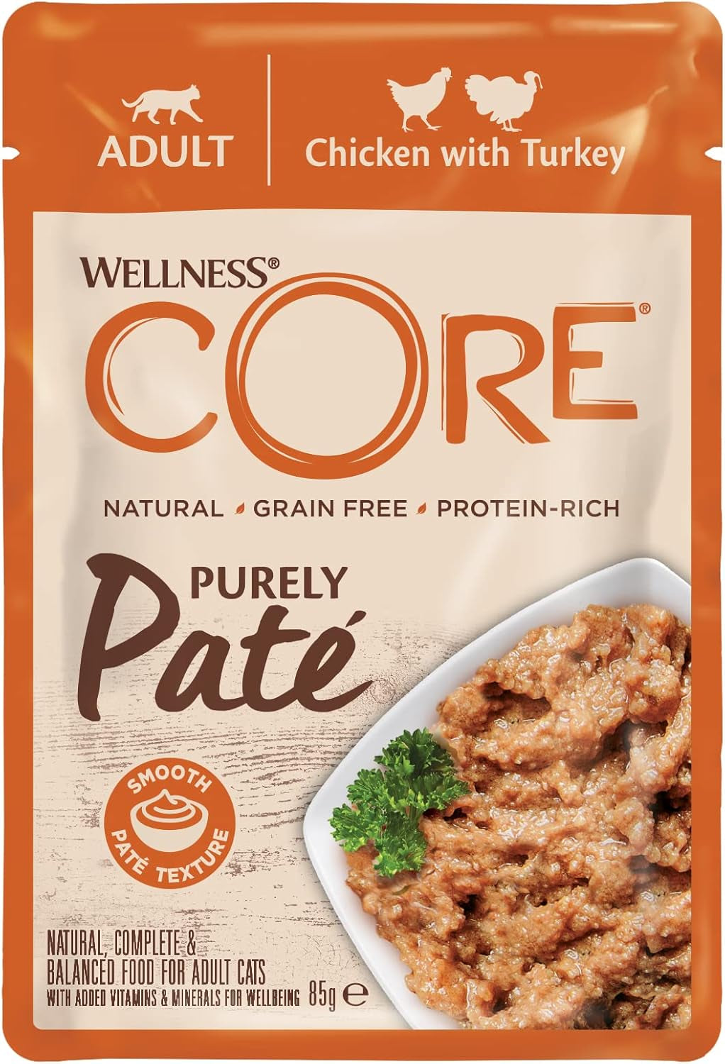 Wellness CORE Purely Paté 24 x 85g, Pui și Curcan – Hrană umedă pentru pisici, pate fin, fără cereale, natural, hipoalergenic, bogat în proteine, conținut ridicat de carne