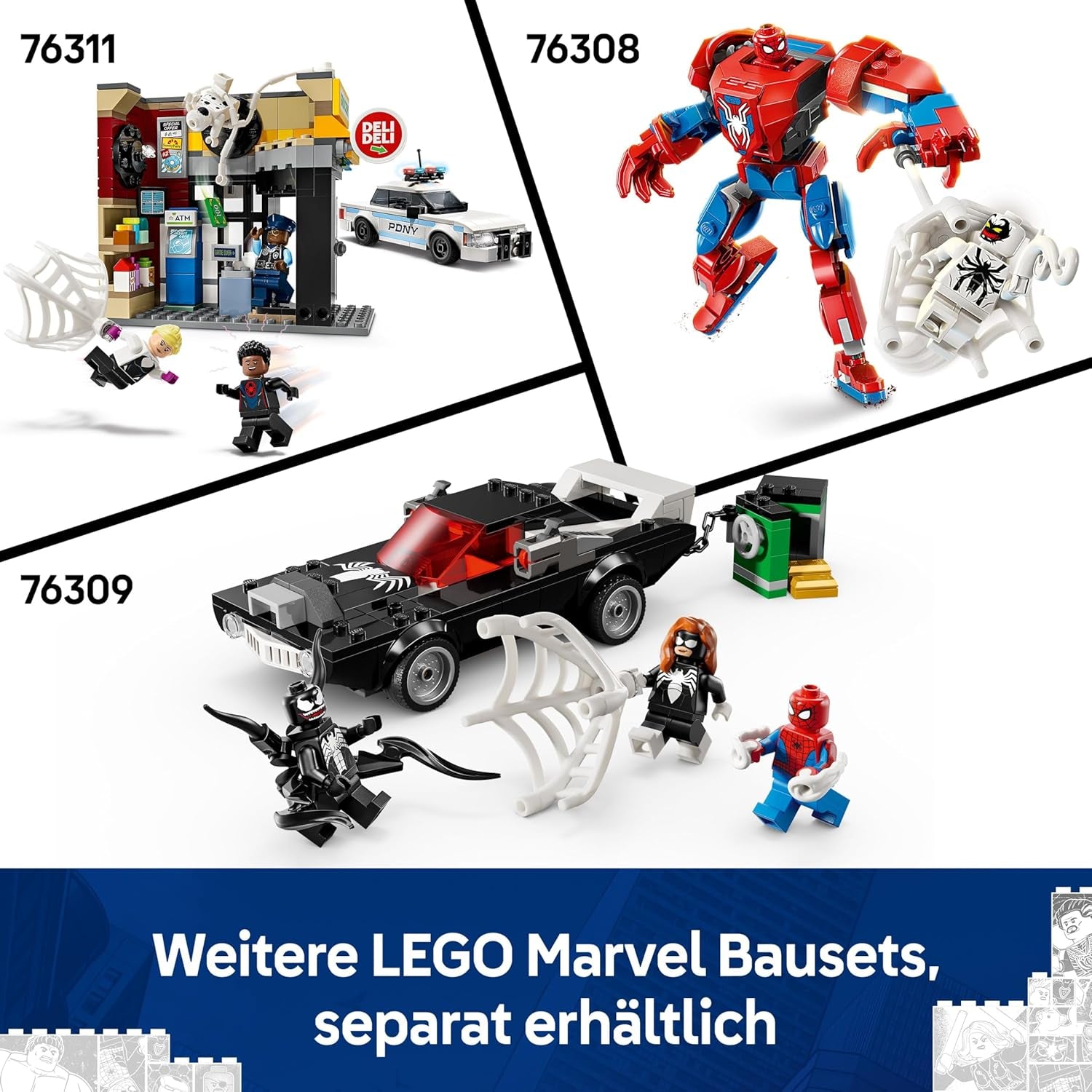 LEGO | Marvel Spider-Man Mech contre. Venom Muscle Car - Jeu de voiture avec 3 figurines Superhelden - Modèle de voiture avec Shootern - Conçu pour les jeunes et les filles à partir de 7 ans 76309