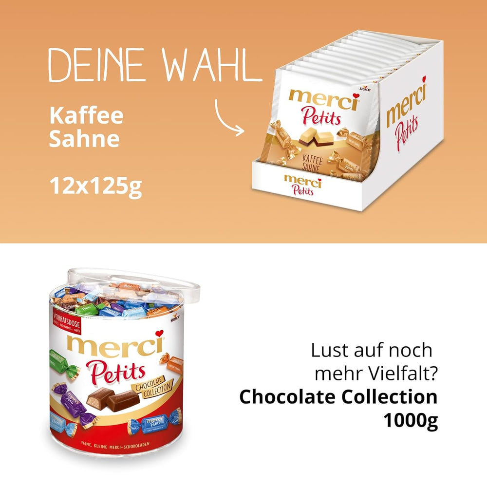 Merci Petits Crème au Café - 12 x 125 g - Petits Pralinés au Chocolat Blanc sur Chocolat Fin avec Crème au Café - Pralinés au Chocolat Emballés Individuellement