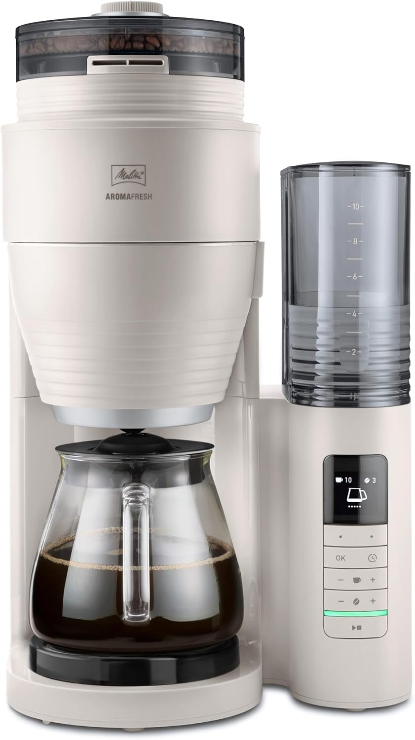 Melitta AromaFresh Therm Pro X - Machine à expresso avec filtre, moulin intégré, réservoir d'eau amovible, carafe thermique en acier inoxydable et fonction minuterie, pour jusqu'à 8 tasses de café, noir/argent