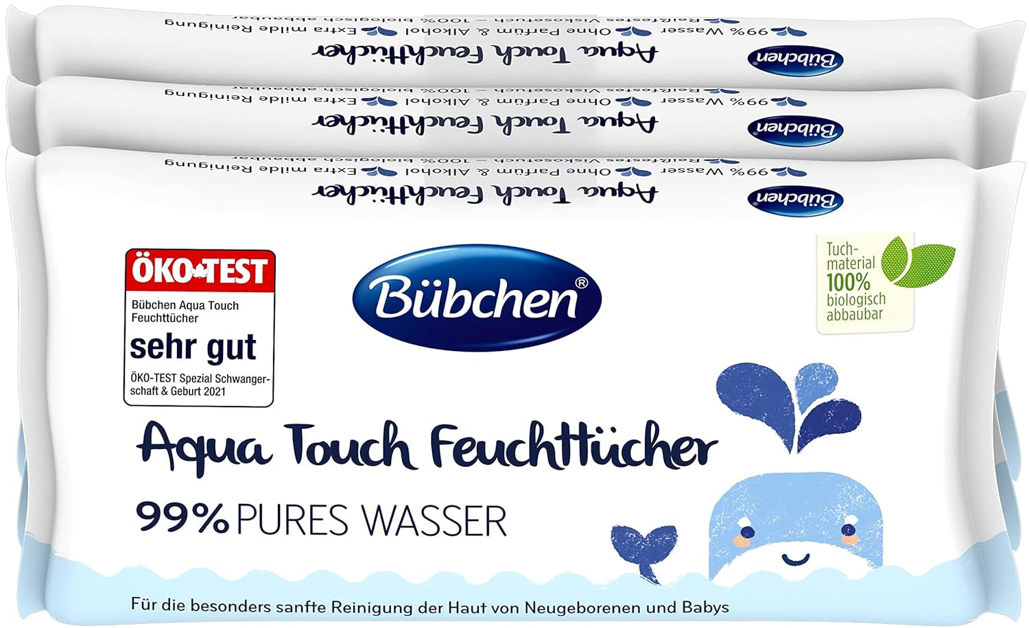 Bübchen Aqua Touch Lingettes humides pour bébé 144 pièces (3 x 48) - Lingettes pour soins de la peau sensible avec 99 % d'eau pure, lingettes humides pour nouveau-nés et bébés