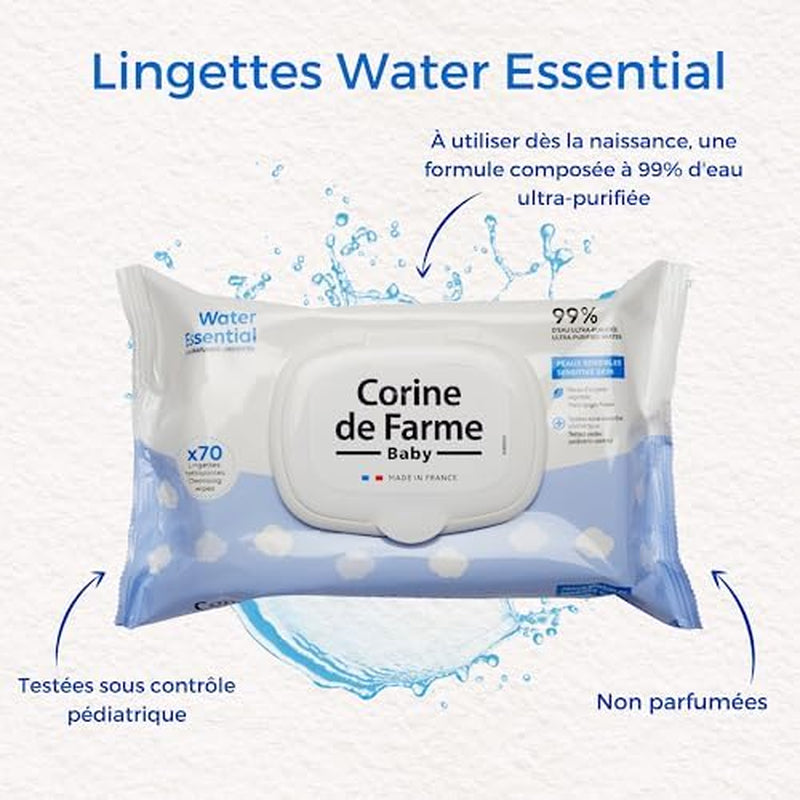 - Lingettes bébé Change Water Essential x70 - Produit de toilette en fibres végétales - Eau ultrapurifiée à 99% - Hygiène dès la naissance - Couvercle refermable