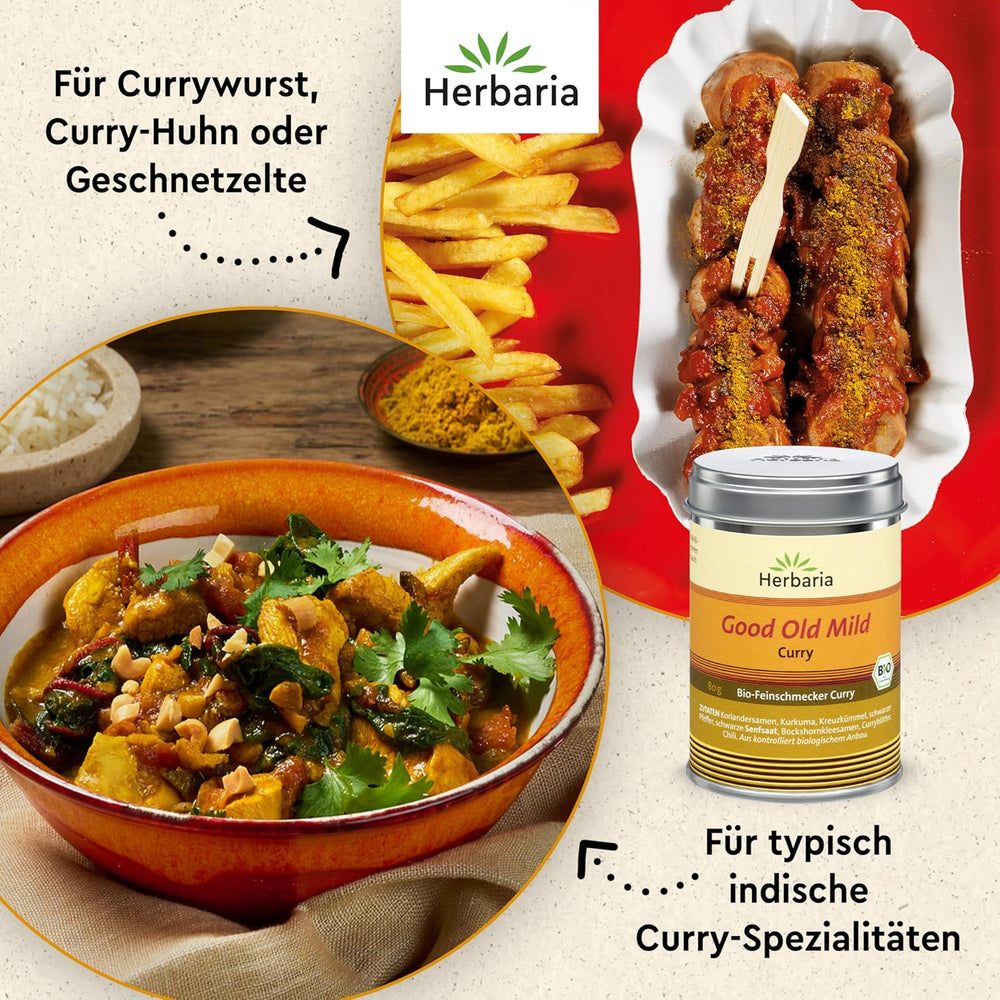 Herbaria Good Old Mild Curry bio 80g M-Dose – Currypulver, Currymischung - Bio-Gewürzmischung für klassische Curry-Spezialitäten z.B. Currywurst - erlesenen Ingrédient dans nachhaltiger Aromaschutz-Dose