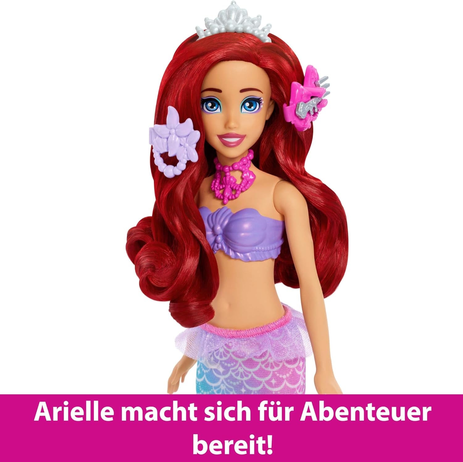Mattel Disney Princess Toys, poupée mannequin sirène Ariel avec nageoire arrière amovible, coiffeuse avec 5 surprises pop-up répétables et 5 accessoires, JBF86