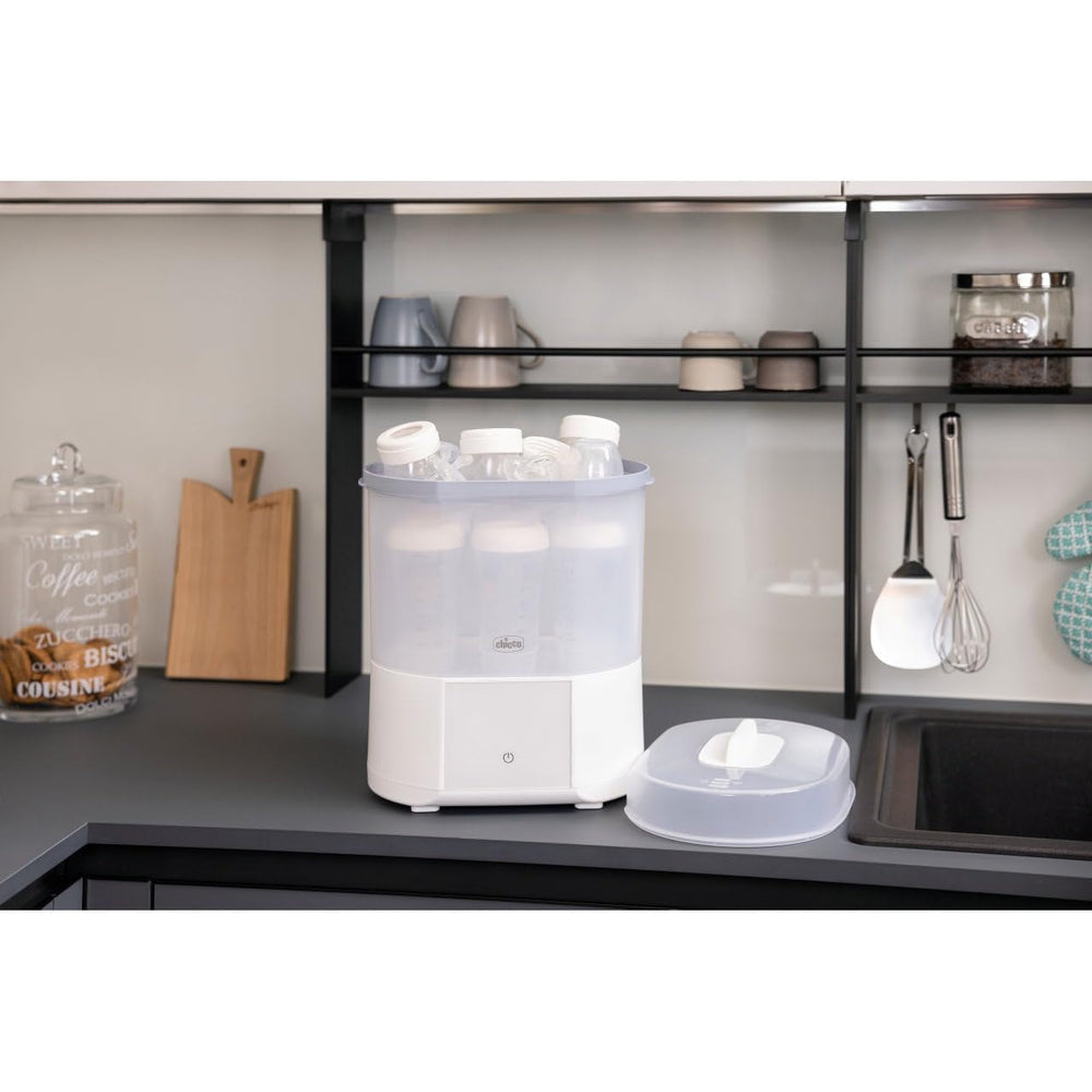 Chicco Stérilisateur modulaire avec fonction de séchage, stérilisateur pour biberons, anneau de dentition et tétine avec arrêt automatique, passe au micro-ondes, convient pour stériliser jusqu'à 6 biberons de 330 ml