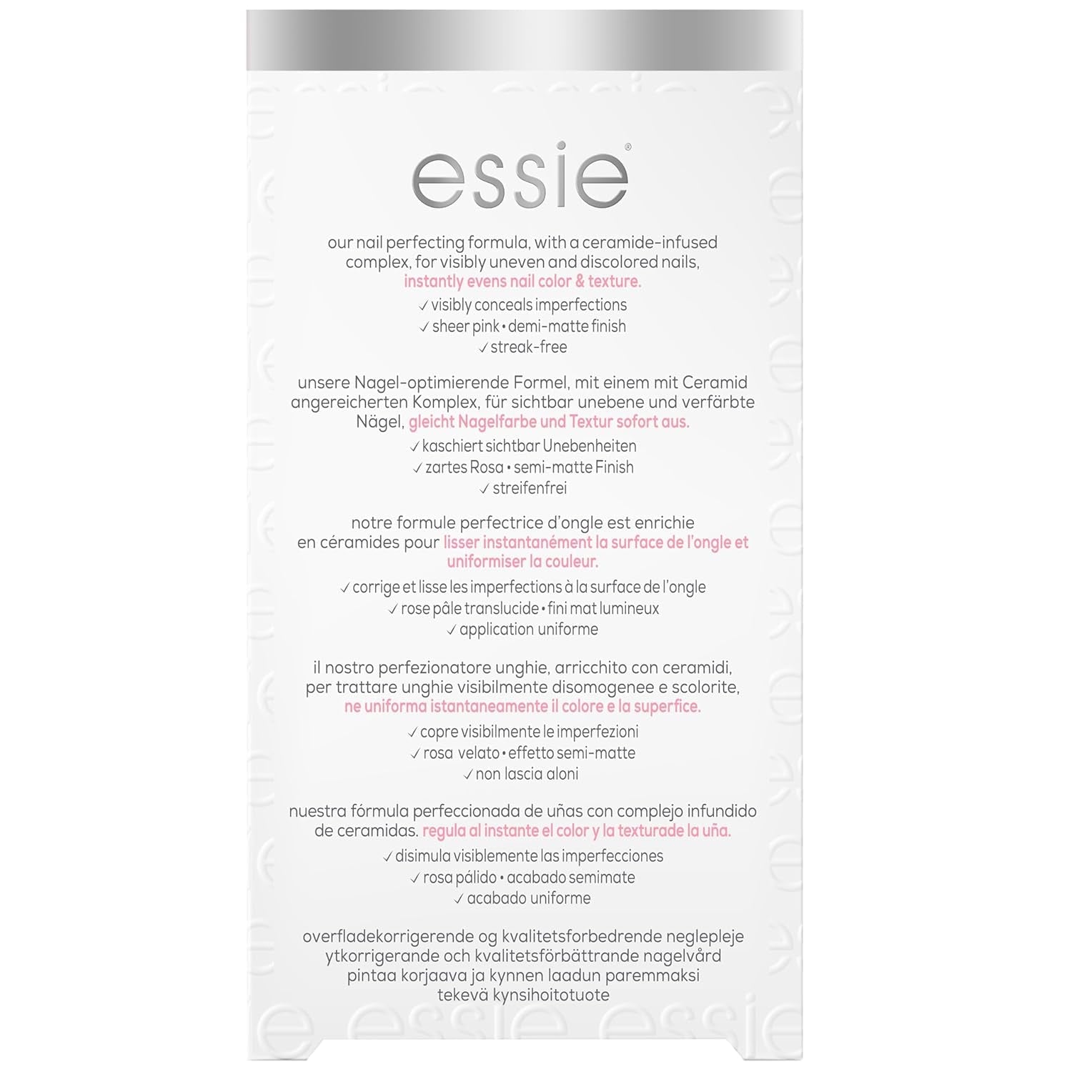 Essie Professional Nail Perfector Pink întărește și protejează unghiile, restabilește structura sănătoasă și îmbunătățește rezistența, pentru unghii vizibil mai puternice și mai sănătoase.