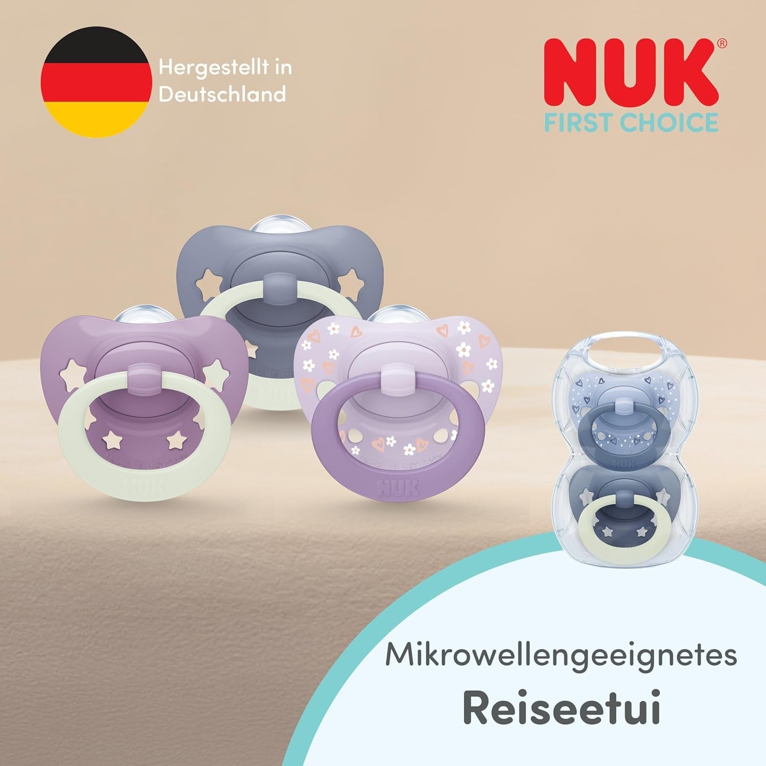 NUK First Choice Sucettes classiques jour et nuit pour bébés | 6-18 mois | Sucettes orthodontiques qui brillent dans le noir | 95 % d'acceptation par les bébés** | Bleu | Paquet de 2
