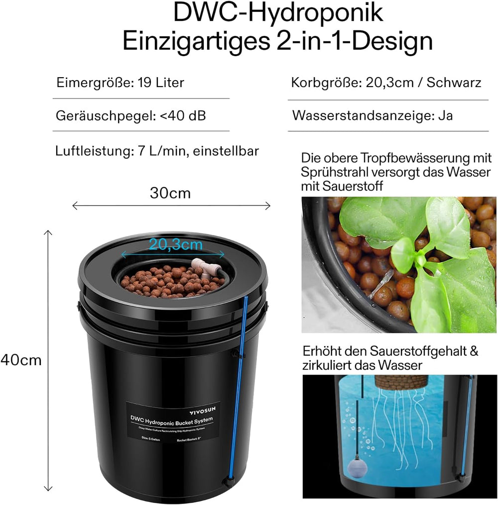 VIVOSUN DWC Hydrokultur Anbausystem mit Topf-Dripkit, 5-Gallonen Tiefwasserkultur, Umwälz-Tropfgartensystem mit Mehrzweck-Luftschlauch, 8W Luftpumpe and Luftstein (1 seau + Top-Drip-Kit)