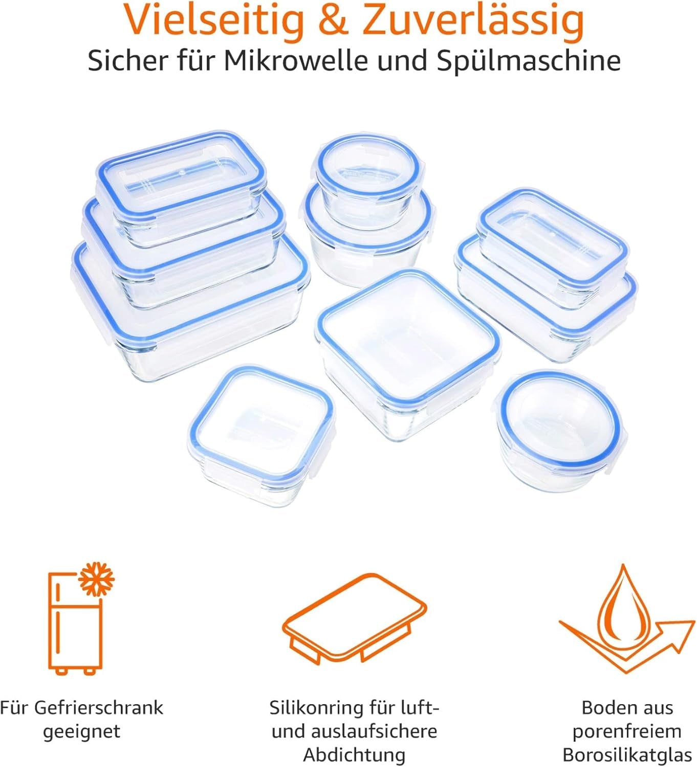 Amazon Basics Lot de 20 récipients alimentaires en verre avec couvercles (10 récipients + 10 couvercles) Boîtes de conservation alimentaires bleu clair sans BPA Naty Shop