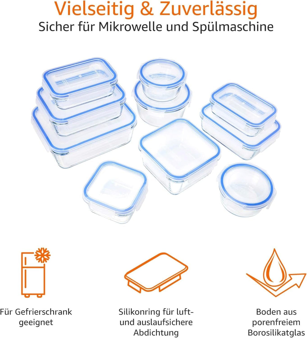Amazon Basics Lot de 20 récipients alimentaires en verre avec couvercles (10 récipients + 10 couvercles) Boîtes de conservation alimentaires bleu clair sans BPA Naty Shop
