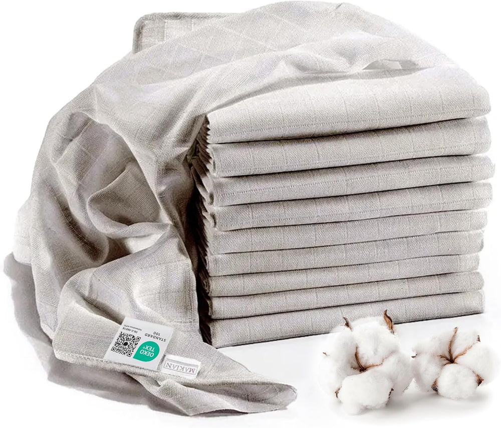 MAKIAN Carrés de Mousseline, Paquet de 10, 80x80cm, Certifié Oeko-TEX® Standard 100, 10 Chiffons Premium - Carrés de Tissu Double Tissé / Carrés de Mousseline, Résistant à l'ébullition - Blanc
