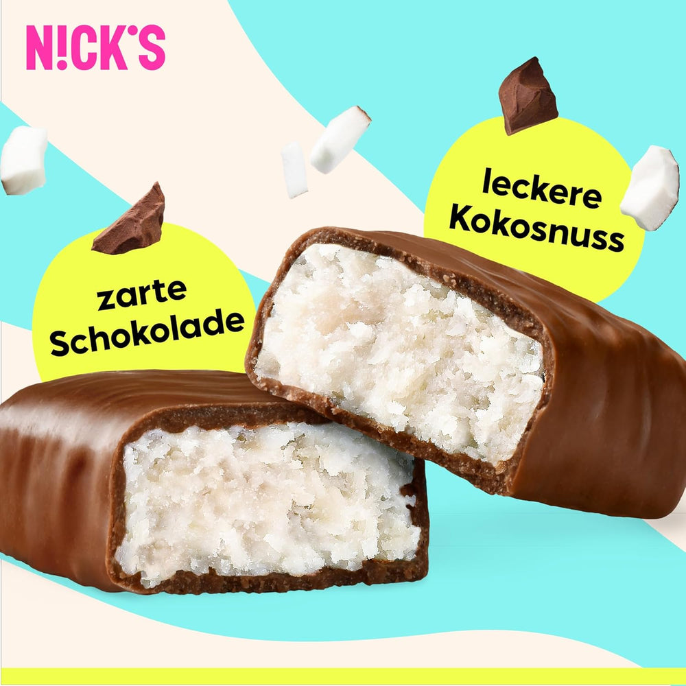 NICKS Keto Barres à la noix de coco, collations au chocolat et à la noix de coco, 175 calories, 2 glucides nets, sans sucre ajouté, sans gluten, bonbons à faible teneur en glucides (15 x 40 g)