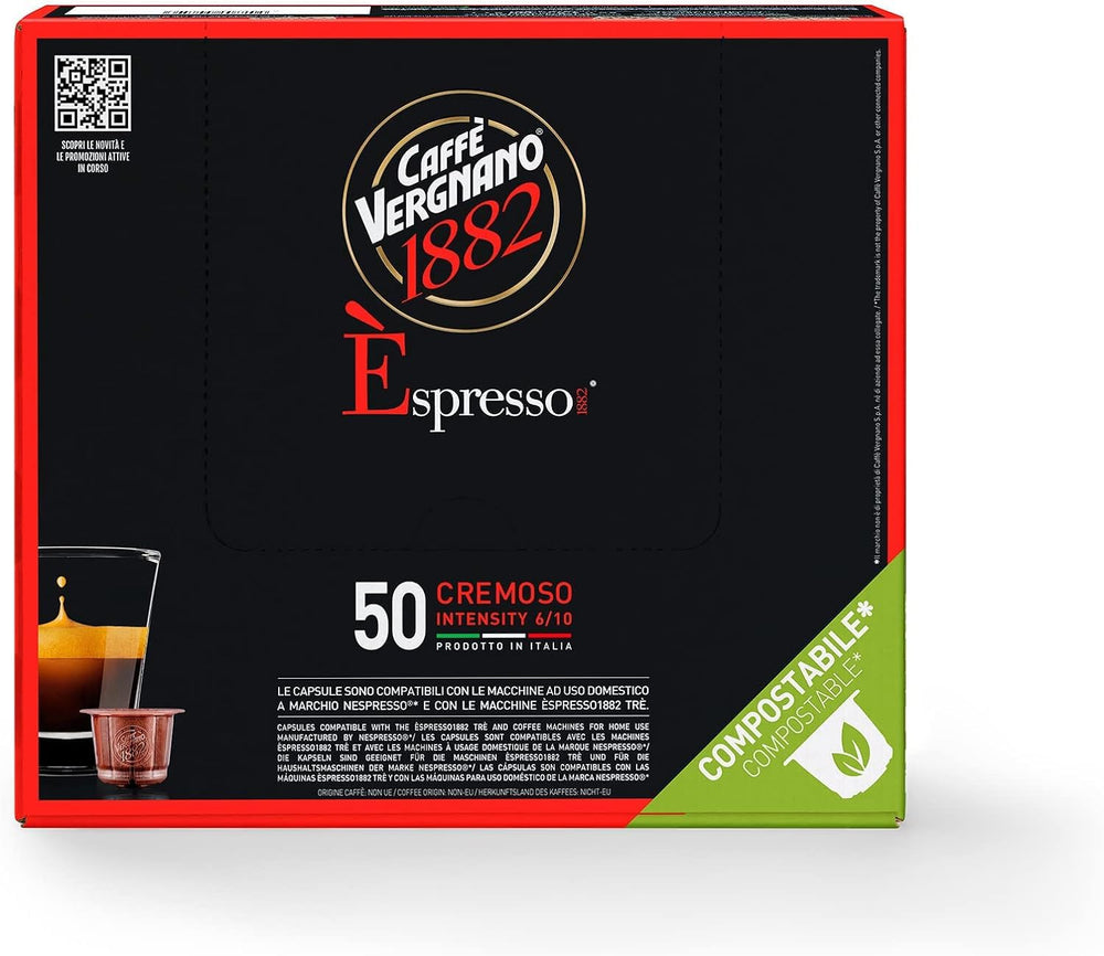 Caffè Vergnano 1882 - Èspresso Kompostierbare Kaffeekapseln, Compatible Avec Nespresso, Cremoso (Crémeux) - Packung Enthält 50 Kapseln