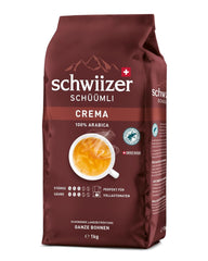 Schwiizer Schüümli Crema, café en grains 100% Arabica, aromatique et corsé, idéal pour machines à expresso automatiques, force 3/5, torréfaction moyenne, Rainforest Alliance, 1kg