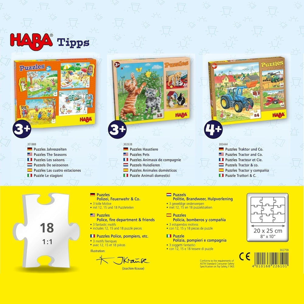 HABA Fire Brigade Puzzle - Set de 3 piese pentru copii cu vârsta de 3 ani și peste, puzzle din carton cu motive de poliție și ambulanță - Promovează abilitățile motorii fine și concentrarea - 1302759001 Puzzle Naty Shop