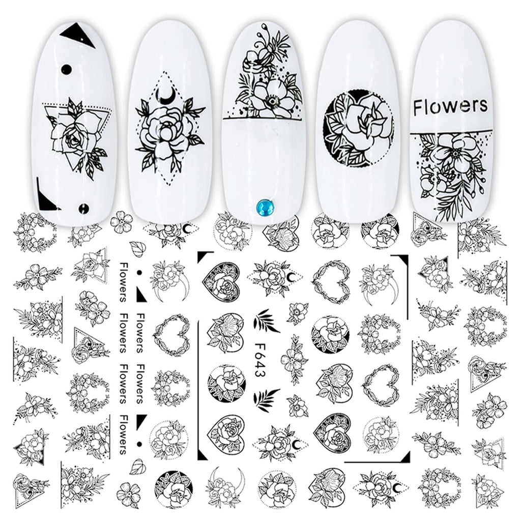 JMEOWIO Nagelsticker Geometrie 10 Blatt Nagelaufkleber Selbstklebend Schwarzes Herz Unregelmäßig Geformt Nail Art Sticker Dekoration Nageldesign Zubehör